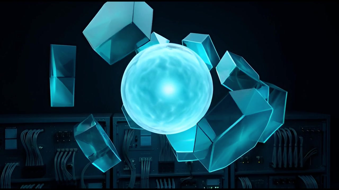 Glowing Energy Sphere Surrounded by Rotating Geometric Crystals