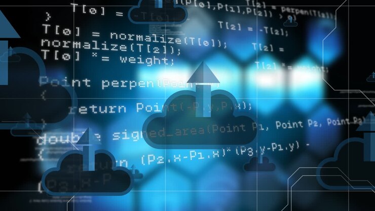 Cloud icons floating and data processing over blue chemical structures against black background