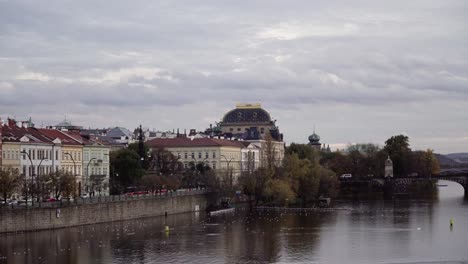 National-Theatre-in-Prague,-Czech-Republic,-Vltava-wide-angle-view-from-Charles-Bridge