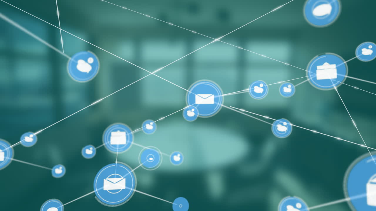 Animazione di rete di icone email e utente su sfondo sfocato di ufficio