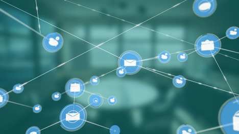 Network of email and user icons animation over blurred office background