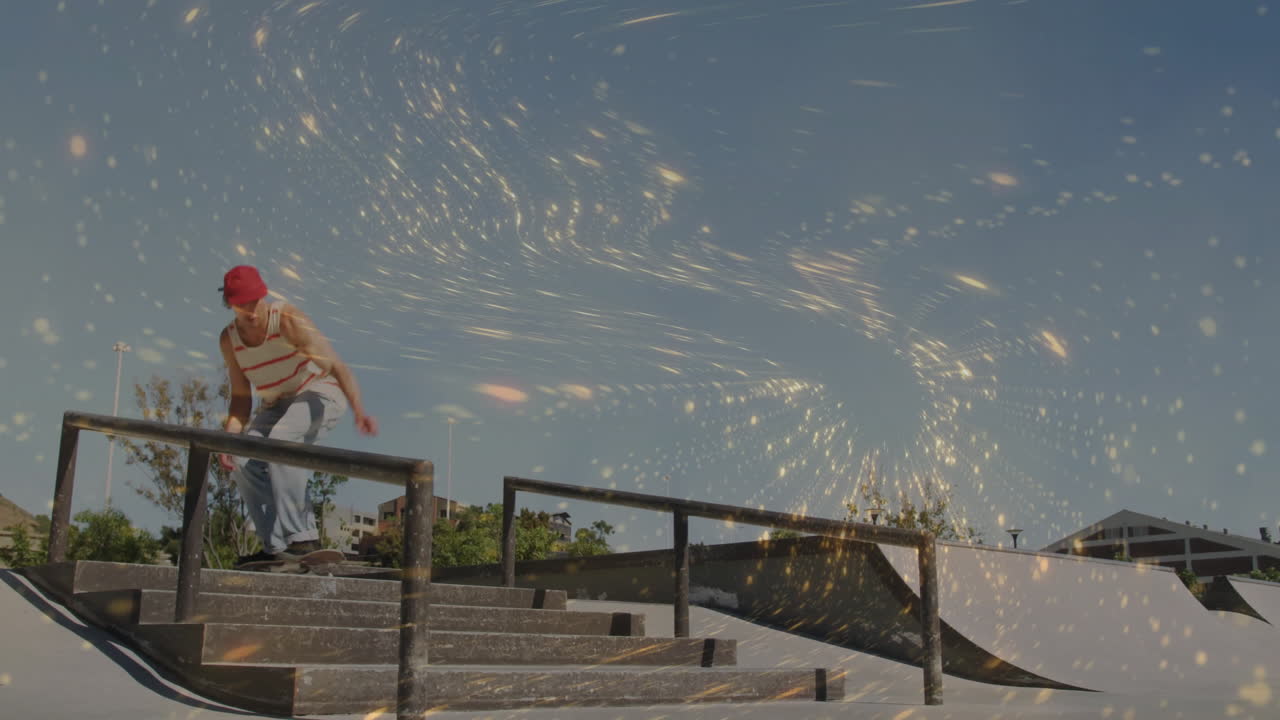 male skateboarder performing rail trick in skatepark, adding golden shimmer overlay for business ad
