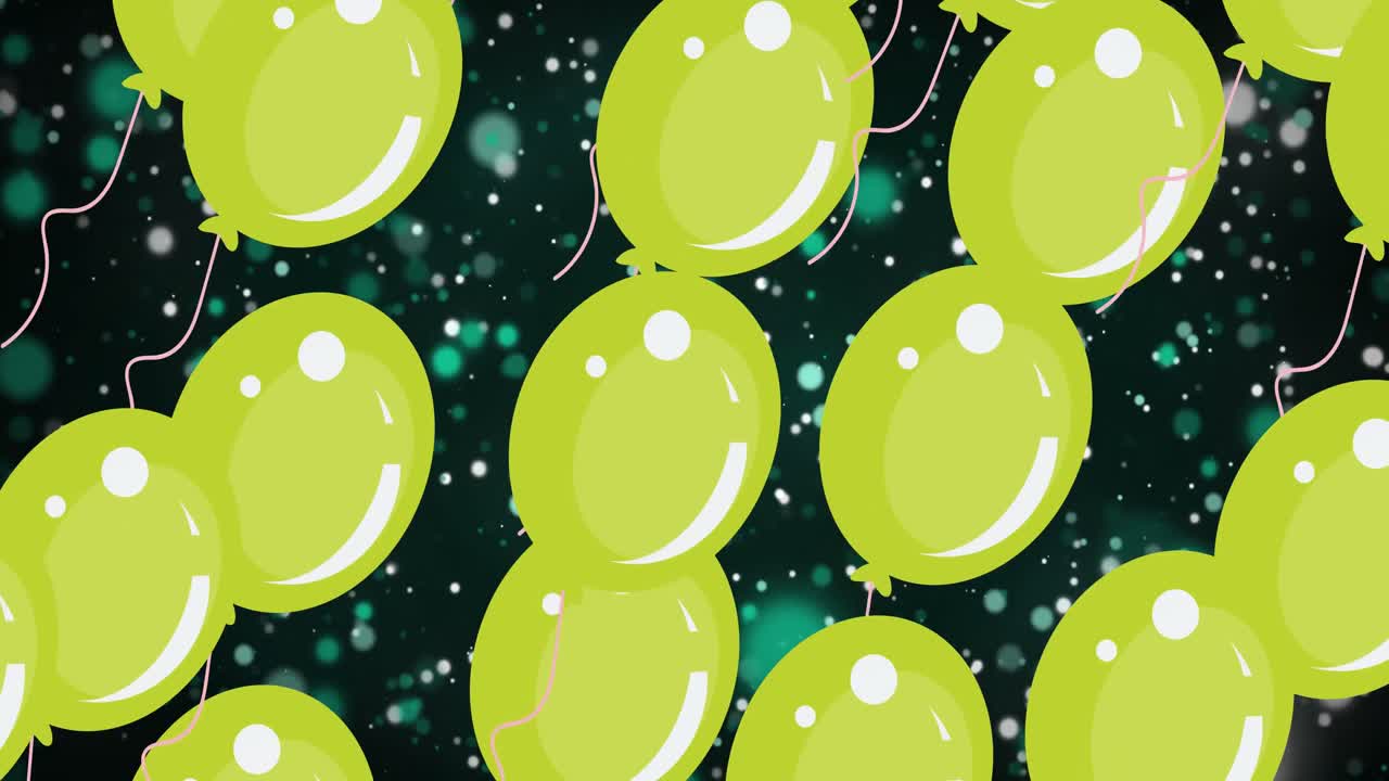 Animación de globos flotando sobre fondo negro con puntos