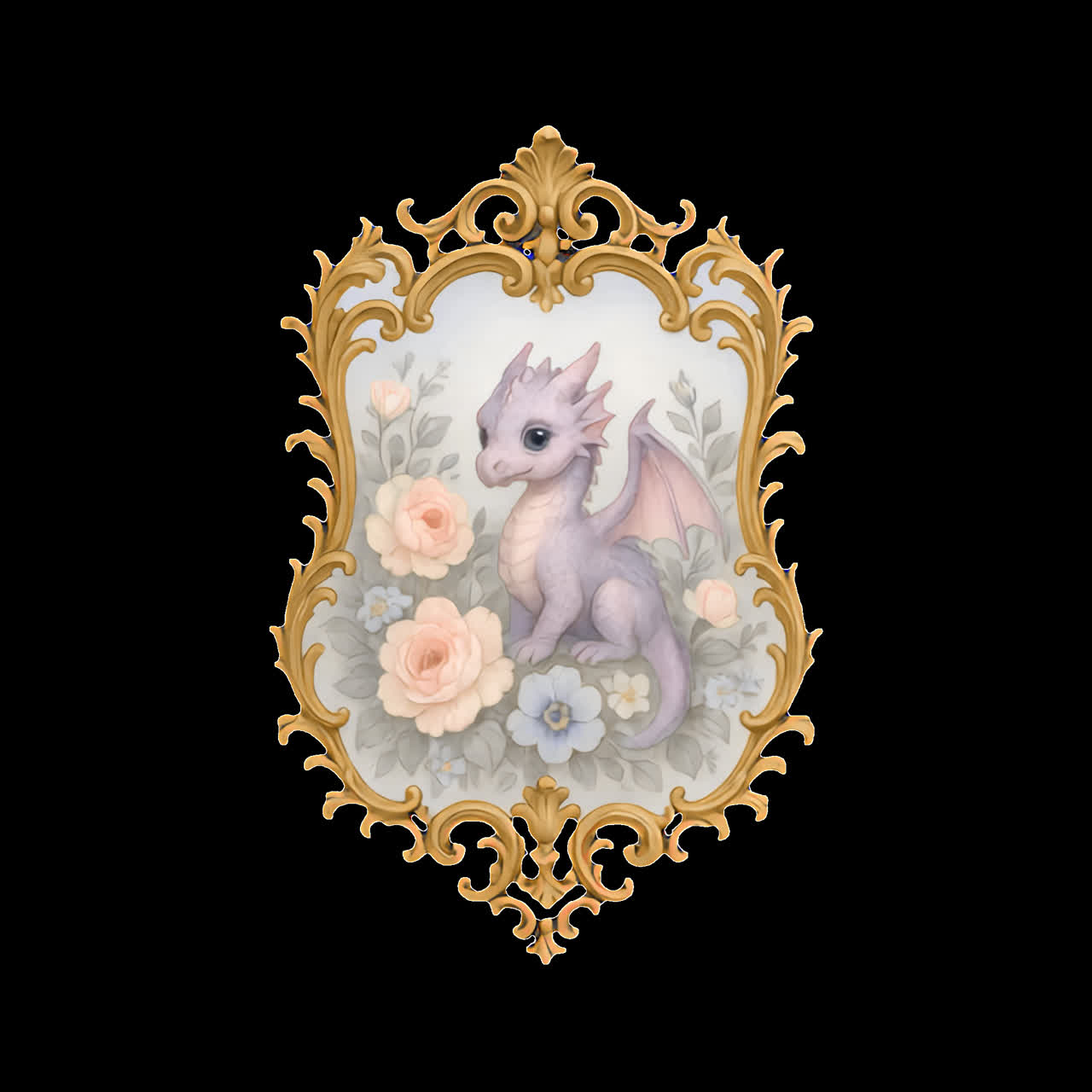 Cute dragon in ornate frame animation isolated asset, transparent 4K video, alpha channel, ProRes