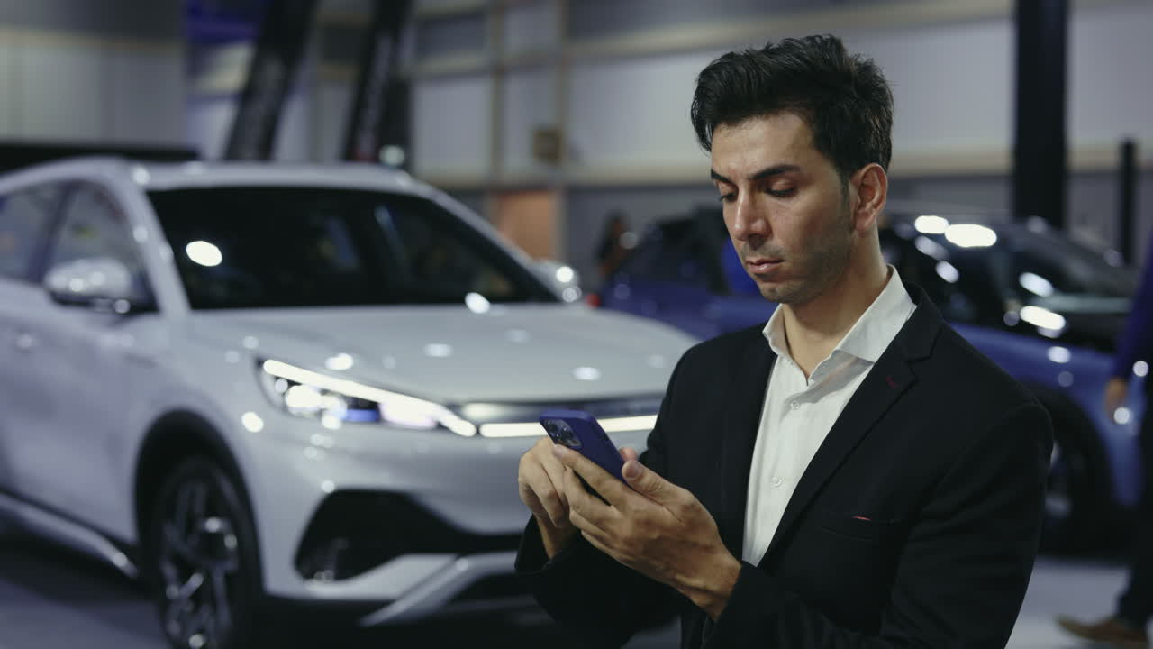 Businessman checking his smartphone at a car exhibition