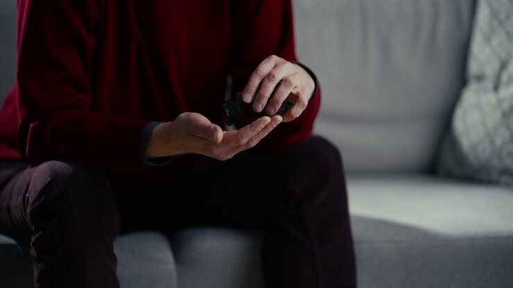 Close Up of Hand Pouring Pills from Medicine Bottle