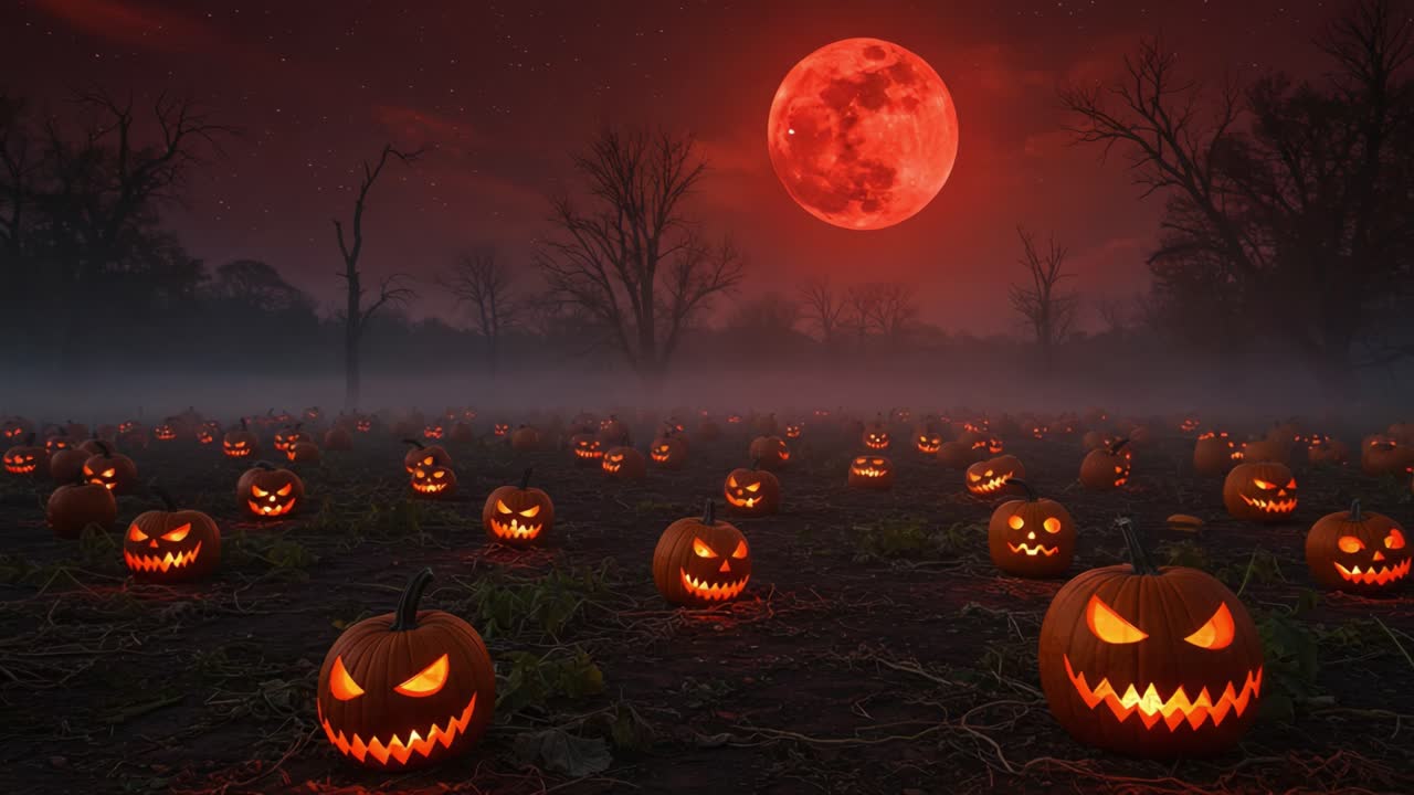 A Spooky Halloween Scene Featuring an Abundant Pumpkin Patch Illuminated by Grinning Jack-o'-Lanterns Under a Full Blood Moon in a Misty Night Landscape