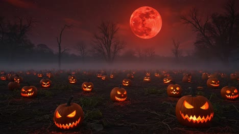 a spooky halloween scene featuring an abundant pumpkin patch illuminated by grinning jack-o'-lanterns under a full blood moon in a misty night landscape