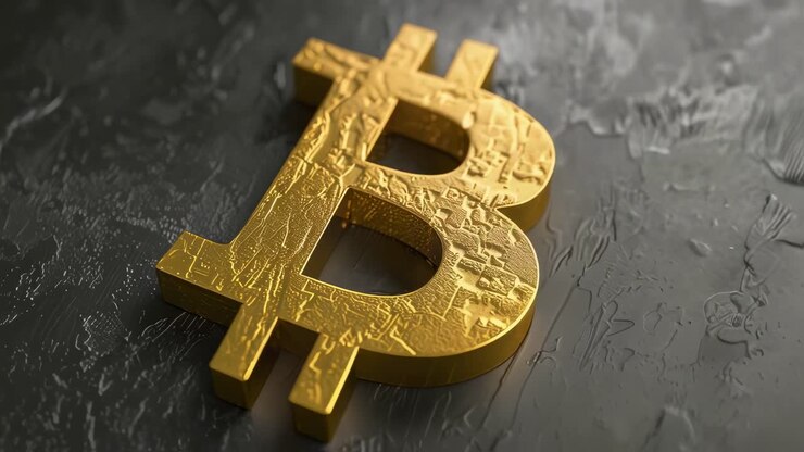 Simbolo Bitcoin Dorato su Superficie Scura