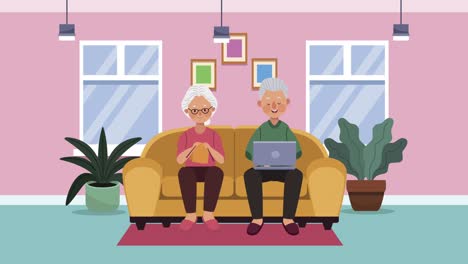 pareja de ancianos en el sofá personajes de animación