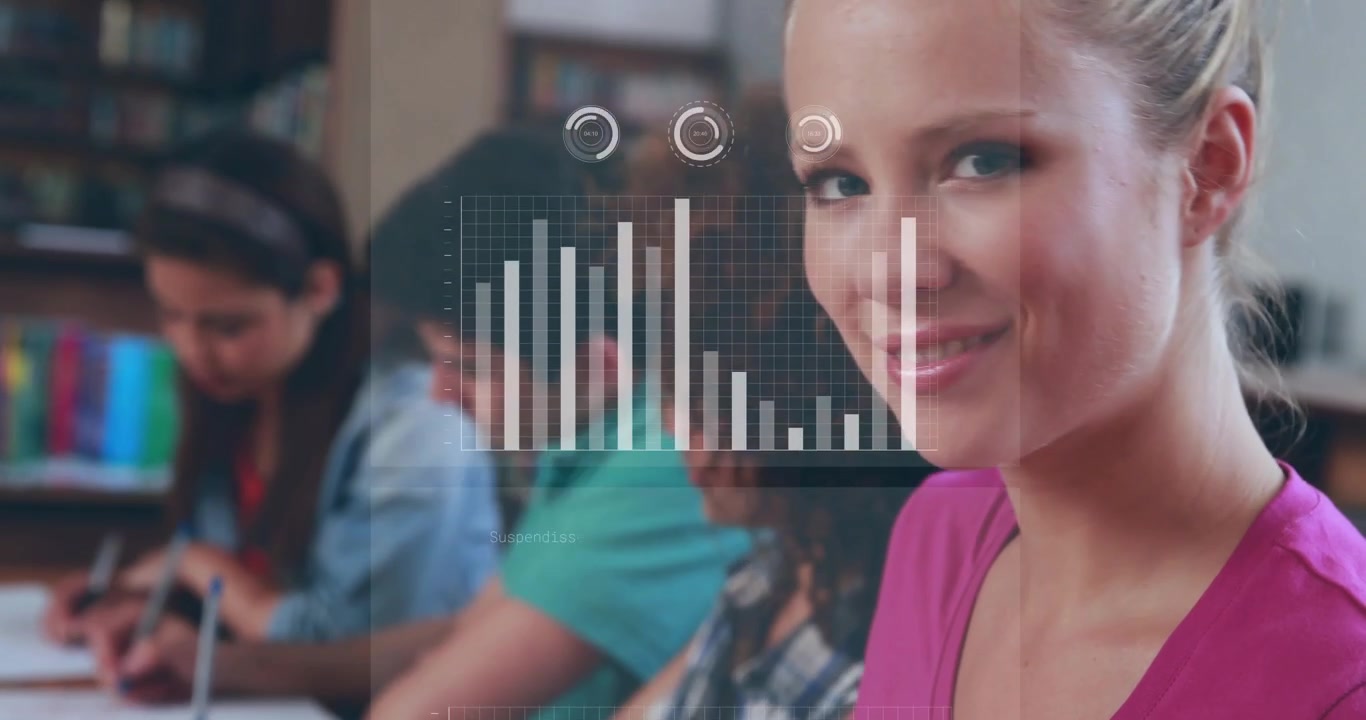 Writing woman in pink top pausing, smiling from notebook as HUD overlays animating, copy space