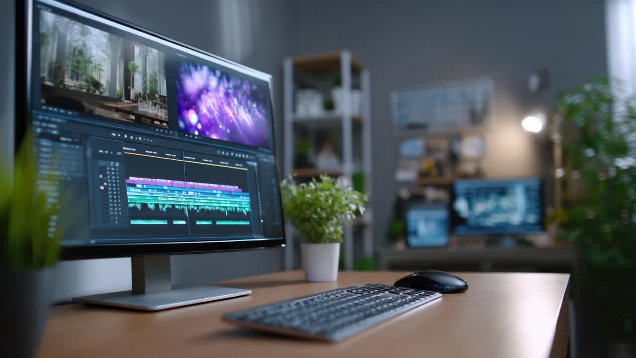 Area di lavoro in ufficio domestico con due monitor per computer, software di editing e vegetazione lussureggiante, ideale per professionisti creativi specializzati nella produzione video