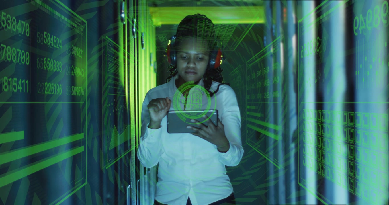 Woman tech entering data aisle inspecting racks and verifying status via tablet and green HUD