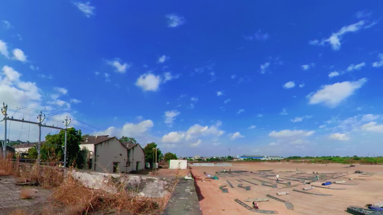 Different parts of metal scaffold on the construction field, Workers build an industrial doom, worker build a concert stage, stage equipment, timelapse of Hugh contraction on-site