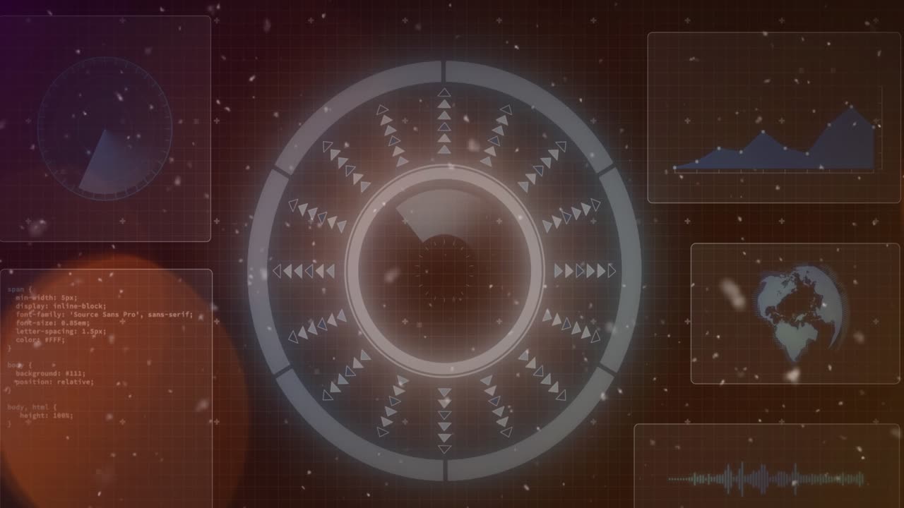 Animation of circle loading and screens with globe, graphs and programming language