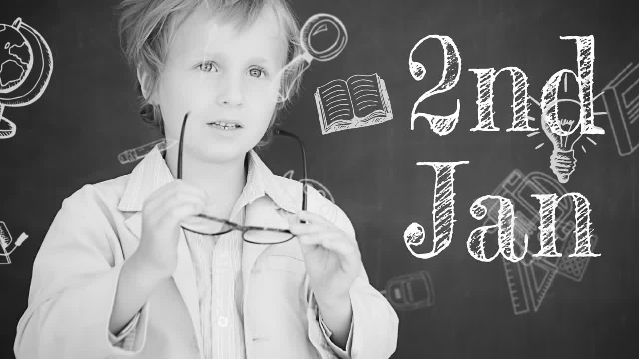 Animation of 2nd jan text over caucasian schoolboy with glasses and school items icons