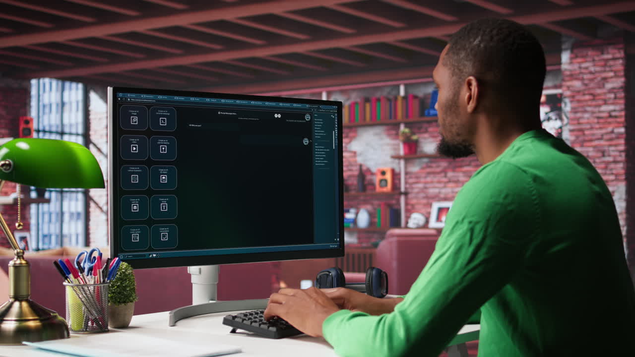 Vertical Video African american guy uses artificial intelligence chatbot trained