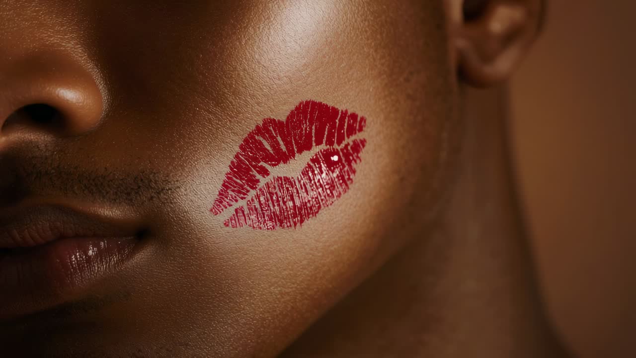 Shifting camera framing and lighting filming man's lower face in studio, showing red lipstick kiss