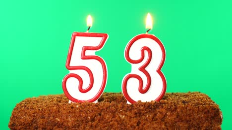 cake with the number 53 lighted candle. chroma key. green screen. isolated