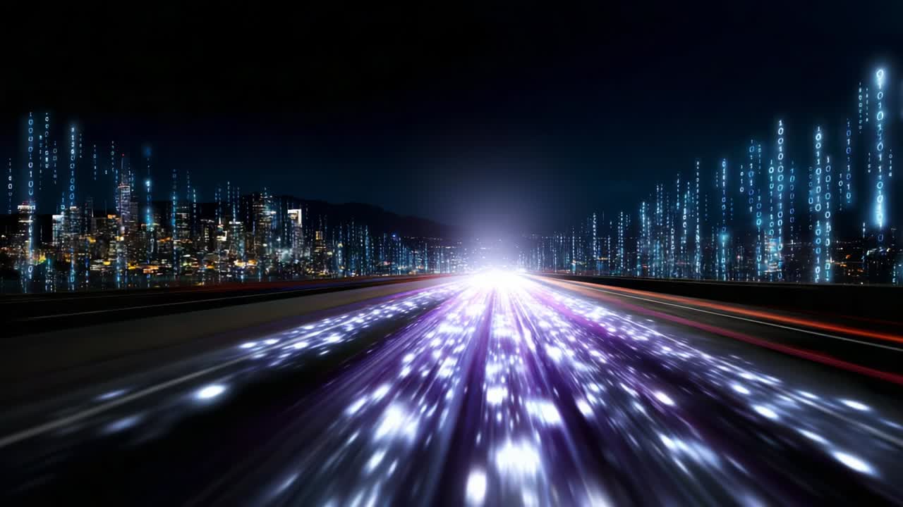 A mesmerizing journey through a futuristic cityscape illuminated by streams of light and digital data, symbolizing the fusion of technology and urban life in a breathtaking visual experience