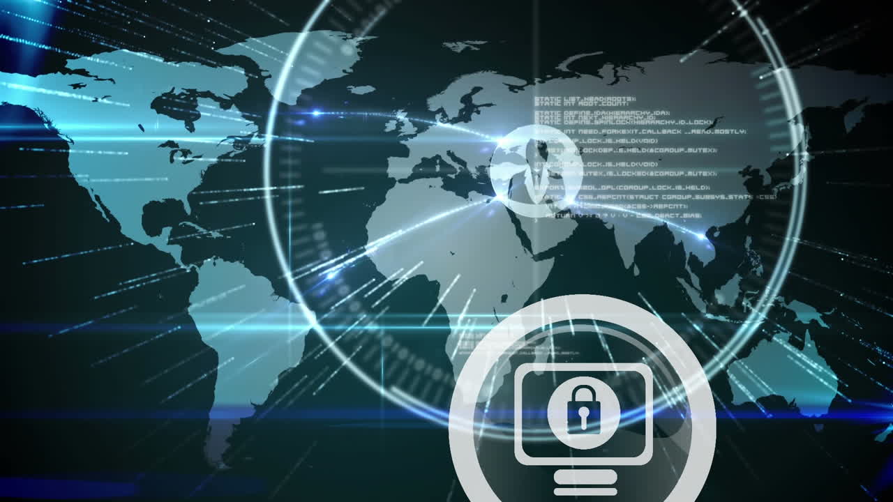 Animation of network of connections with online security padlock over world map