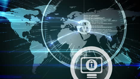 animación de la red de conexiones con candado de seguridad en línea sobre el mapa del mundo