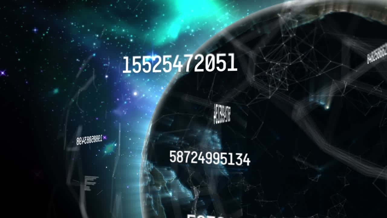 анимация красных фигур, движущихся по земному шару с цифрами, вращающимися в пространстве