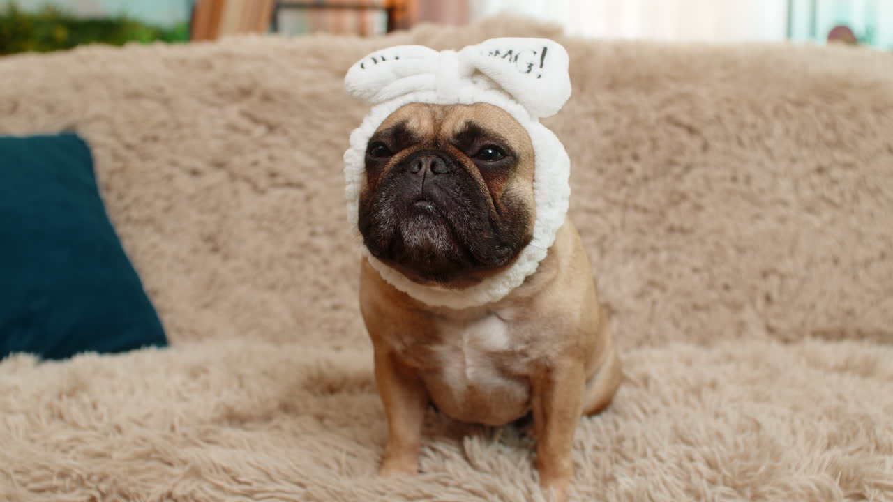 Cute pug dog with soft headband blinking sleepily on sofa cozy calm peaceful sleepy pet portrait