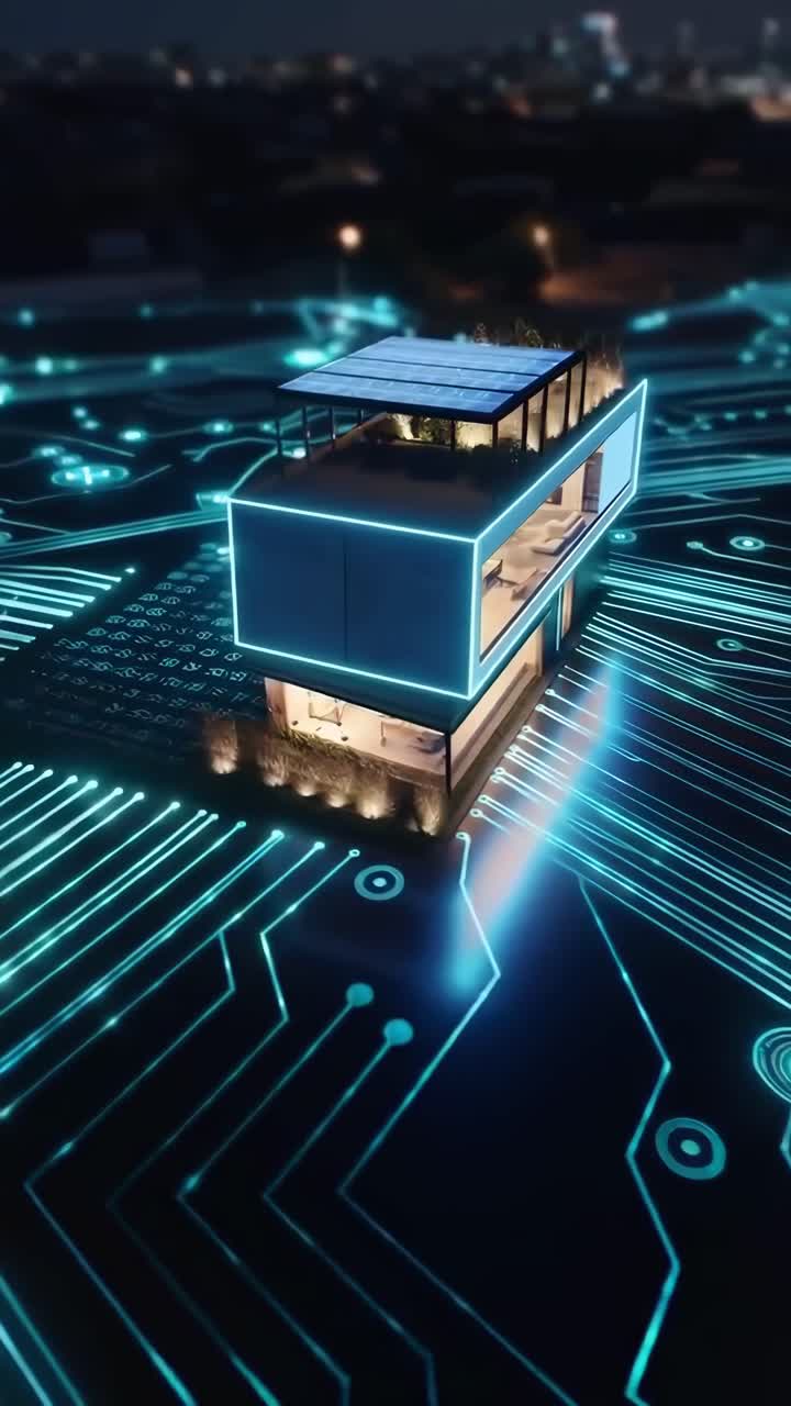 Futuristic video concept with a top-down angle of a glowing circuit board and modern house