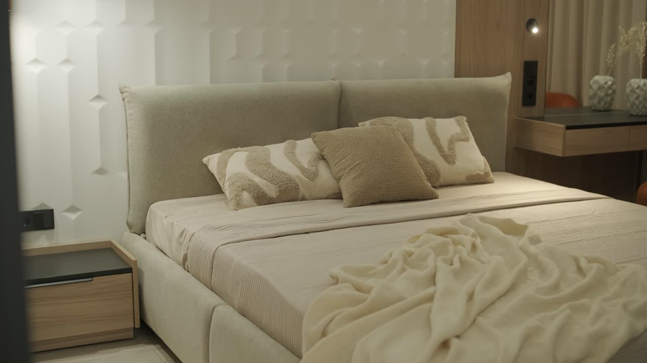 Interno della camera da letto beige moderna