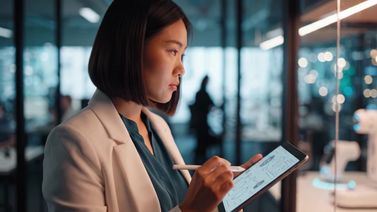 Focused Professional Engaged in Creative Work, Utilizing a Digital Tablet to Sketch and Collaborate in a Modern Office Environment with Technology Integration