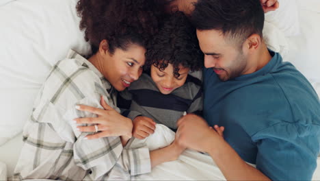 family, smile and relaxing in bed