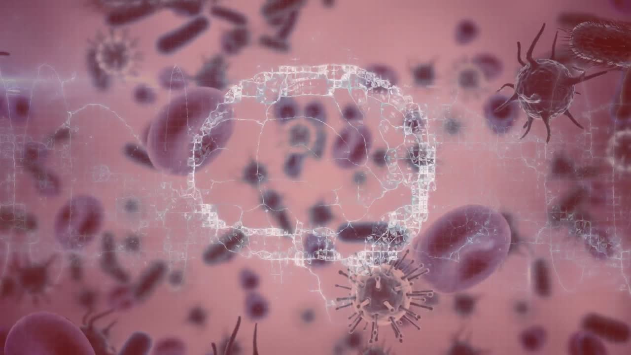 animación del cerebro sobre células en movimiento sobre fondo rojo