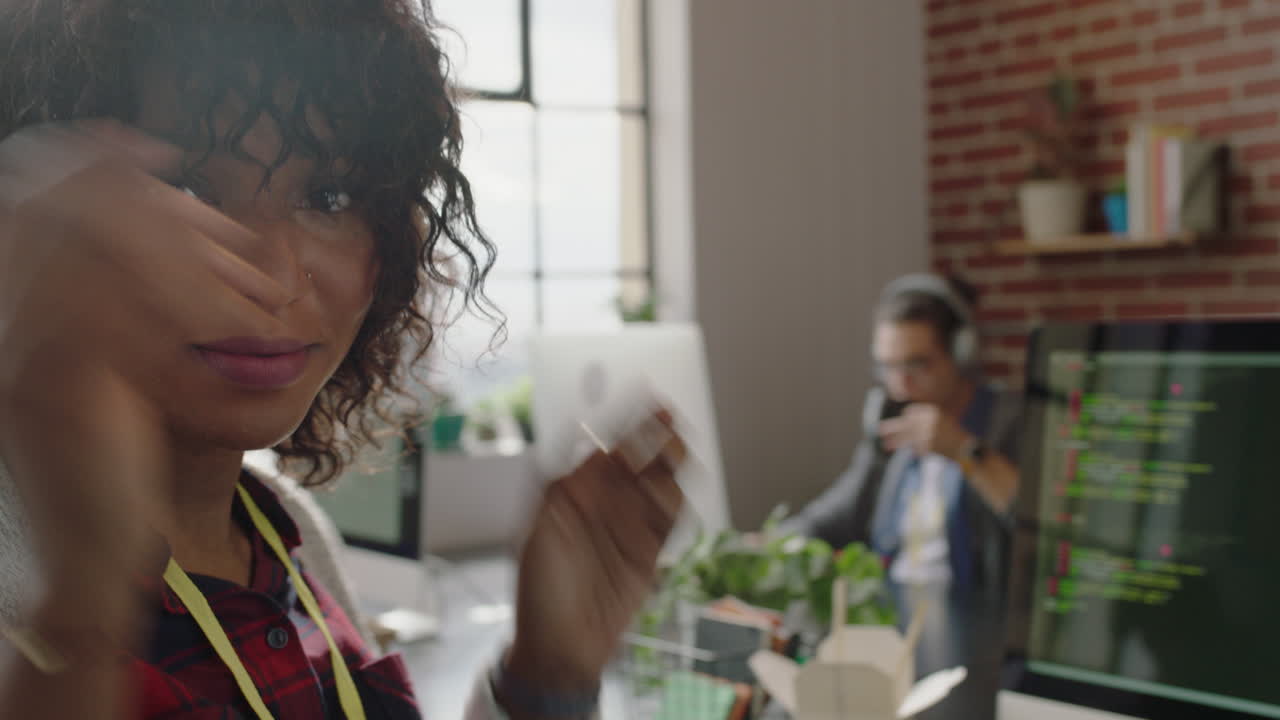 portrait african american woman programmer coding network security software for startup company professional web developer smiling enjoying typing code on computer screen in successful office