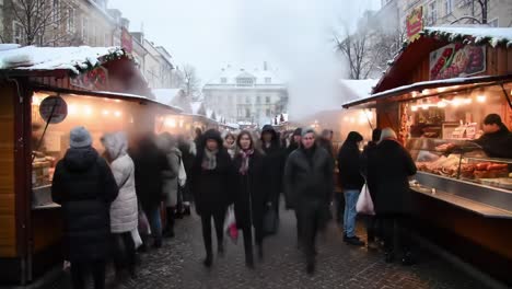 a bustling winter market scene with people shopping and enjoying the festive atmosphere amidst delicious aromas and steamy vendors in the snow-capped village