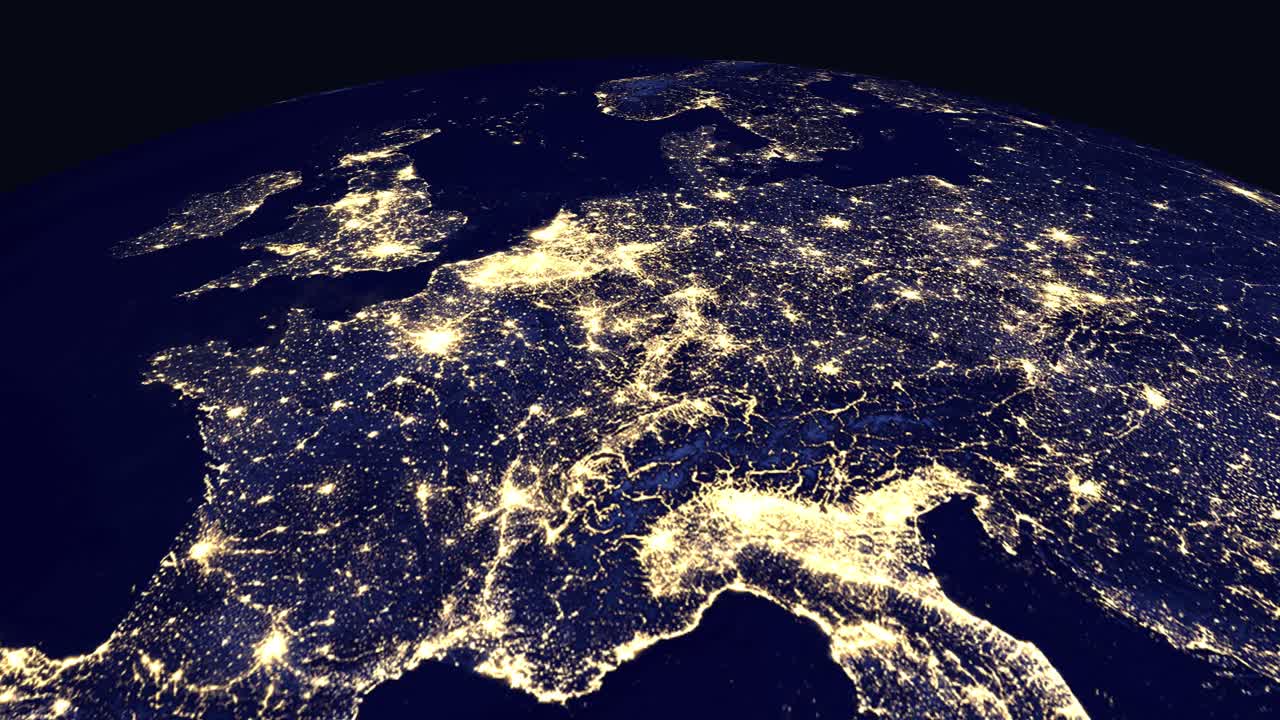 Animazione digitale si ingrandisce dalla vista globale della Terra alle luci illuminate della città di Parigi, Francia.