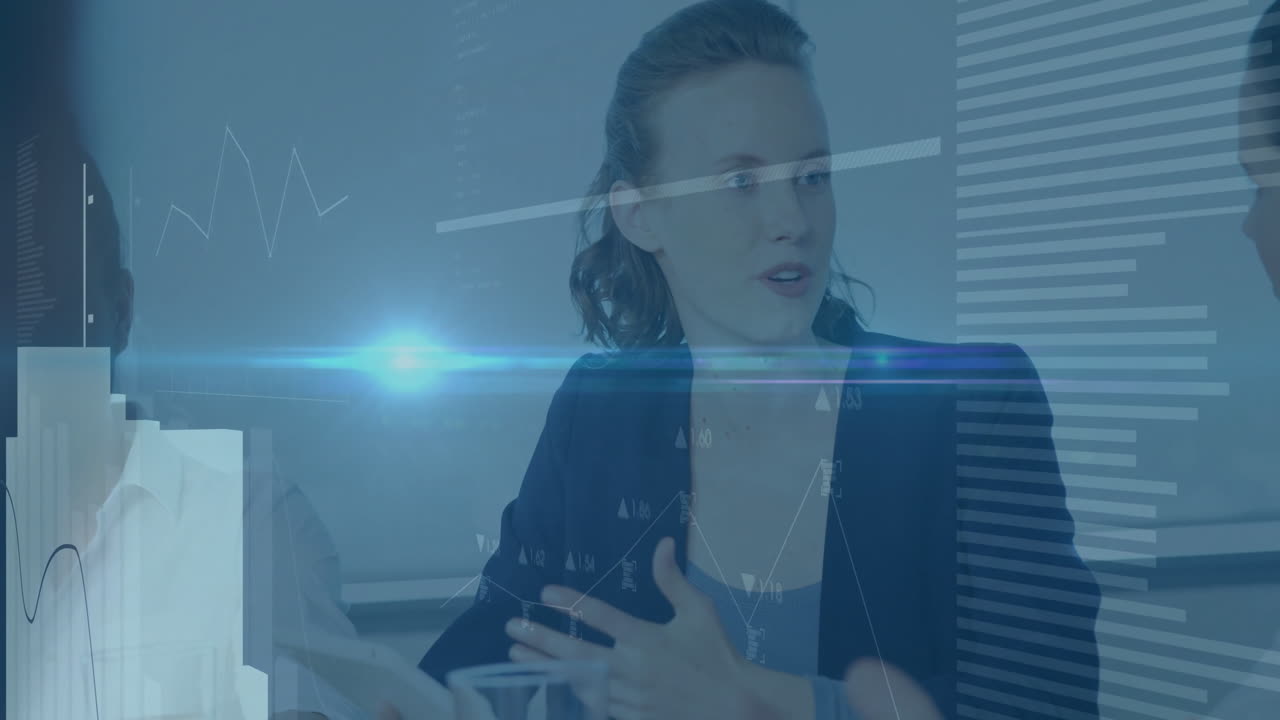 Discussing data analysis with graph overlay, businesswoman in modern office