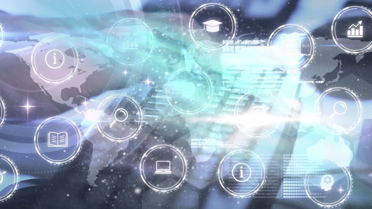 animación de iconos digitales sobre el mapa del mundo contra el primer plano de la persona que escribe en el teclado