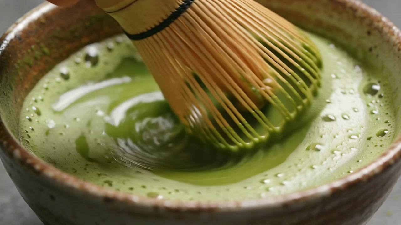 Abaixando a mão segurando um batedor de bambu, mexendo uma tigela de cerâmica de matcha no balcão, preparando matcha espumoso.