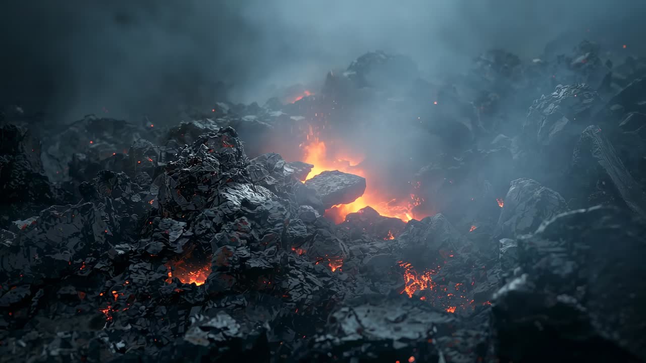 Rocce vulcaniche frastagliate illuminate da sacche di lava fusa mentre il magma si sposta con un pennacchio di fumo denso