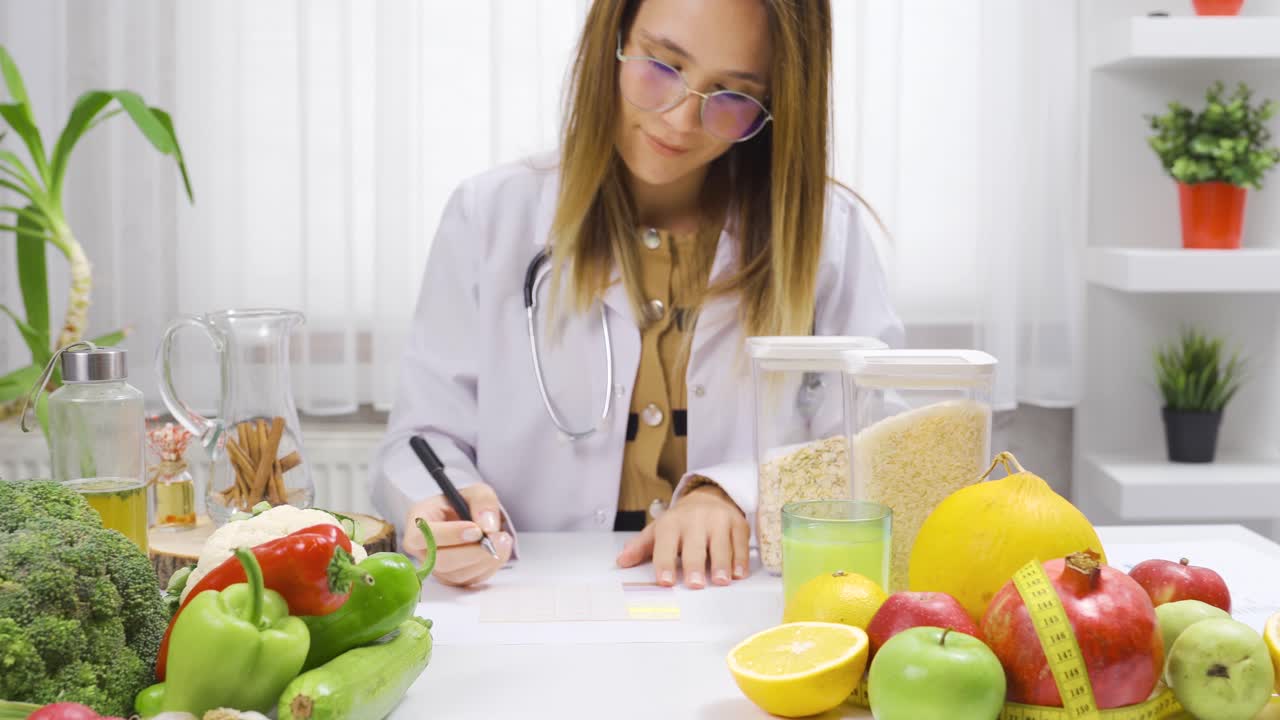 una nutricionista que se preocupa por una vida saludable y la nutrición, prepara un programa de dieta para sus pacientes.