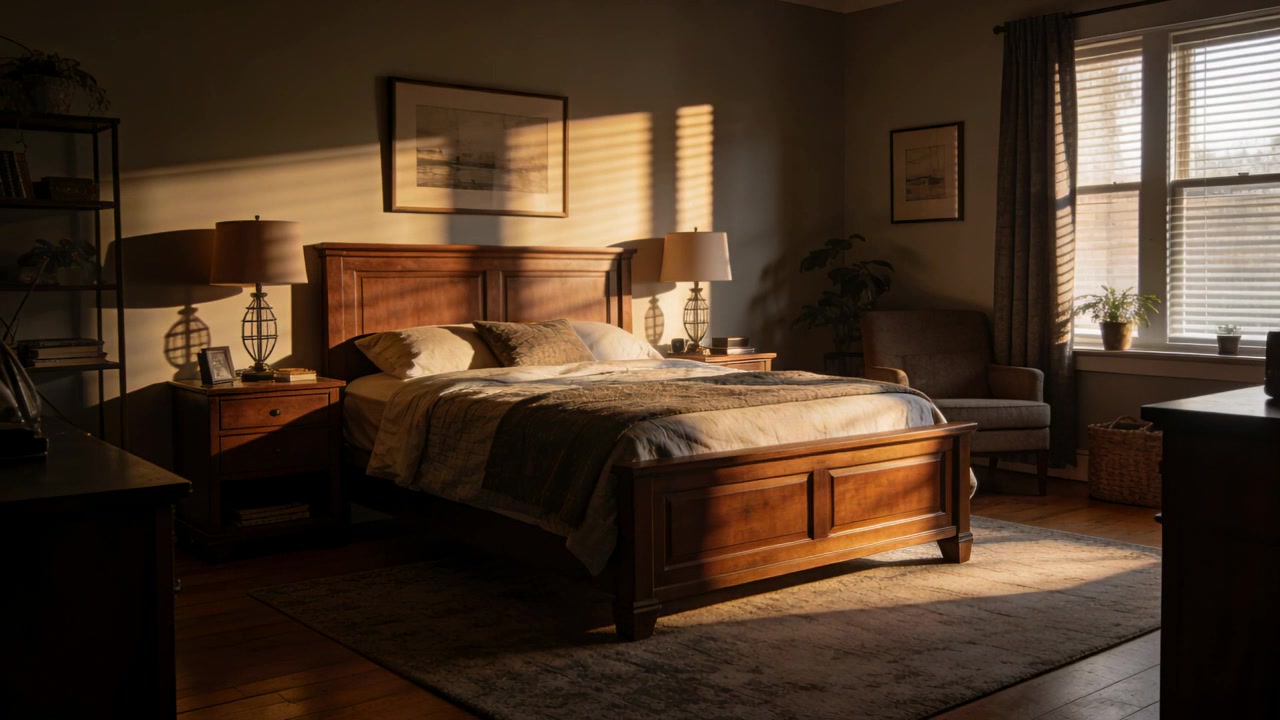 La luce del sole che si sposta attraversa la camera da letto principale proiettando ombre delle persiane su un letto in legno con il sole in movimento.