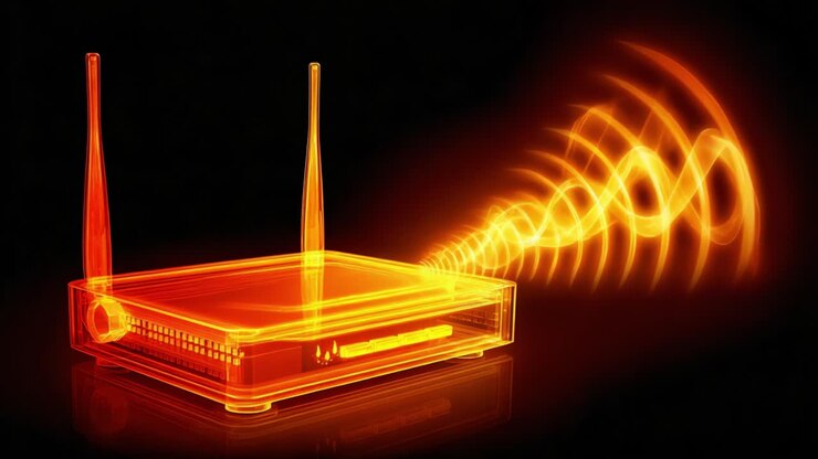 Design innovativo di router wireless visualizzato tramite una vivace luce arancione e onde di segnale, che mette in mostra la bellezza della connettività e della moderna tecnologia in azione