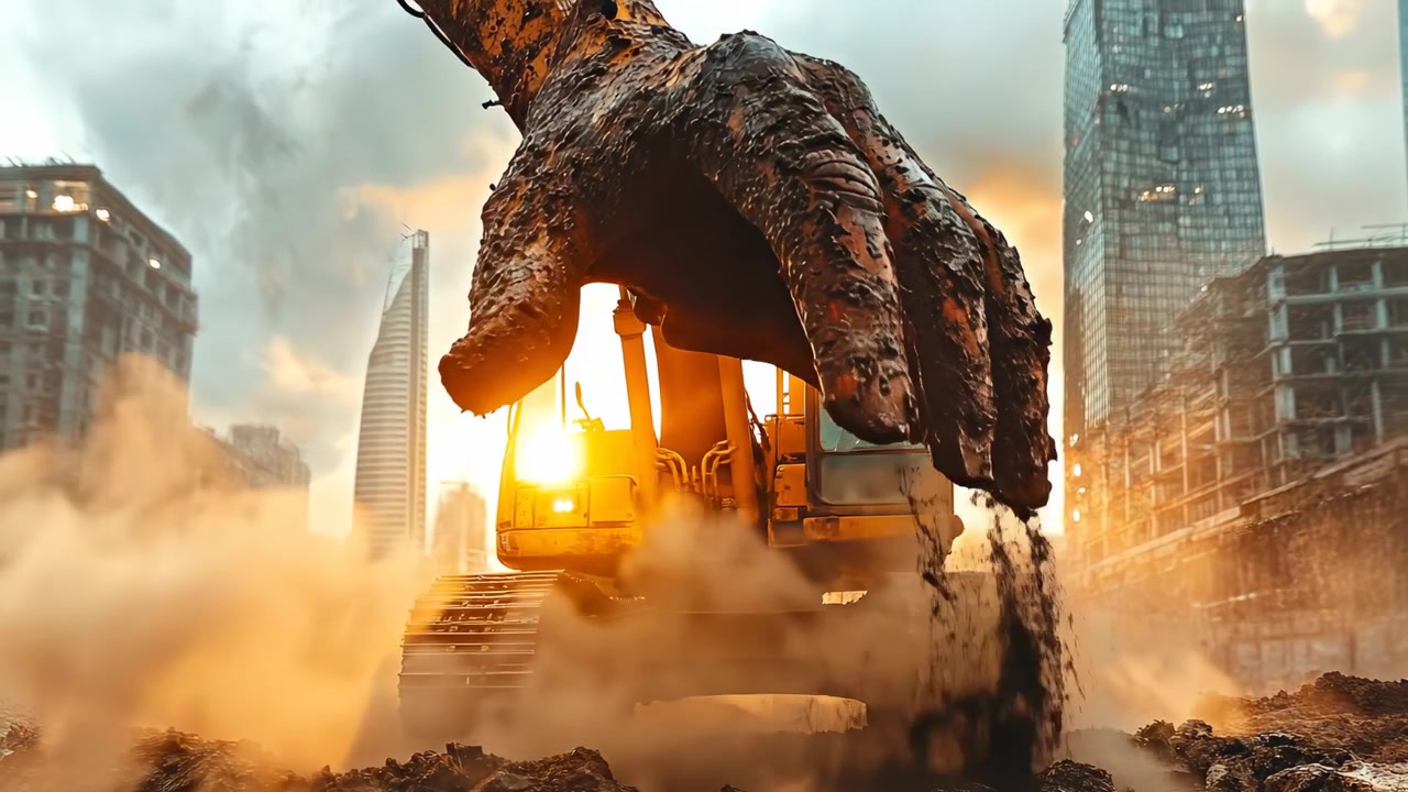 Maquinaria de canteiro de obras ao pôr do sol. Um grande canteiro de obras mostra máquinas pesadas em operação enquanto o sol se põe atrás de edifícios altos, criando nuvens de poeira.