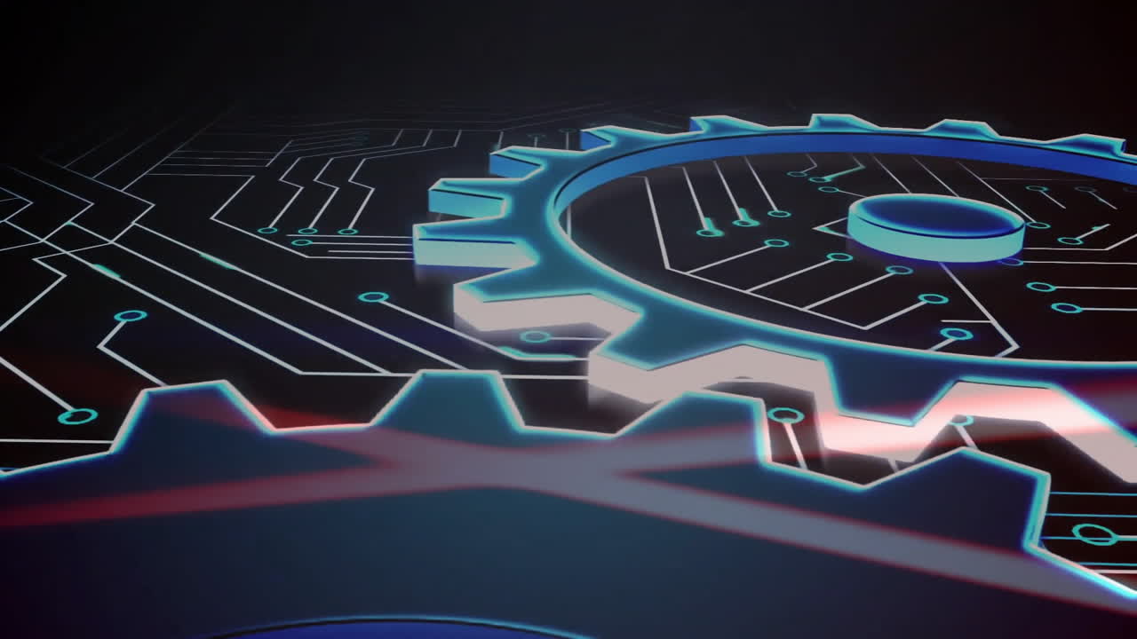 animación de engranajes que giran sobre la placa de circuitos de la computadora