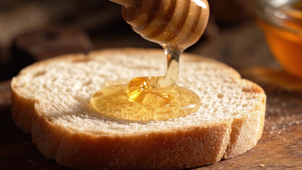 A Close-Up Exploration of Honey Drizzling on Freshly Sliced Bread, Showcasing the Sweetness and Texture of a Classic Breakfast Delight
