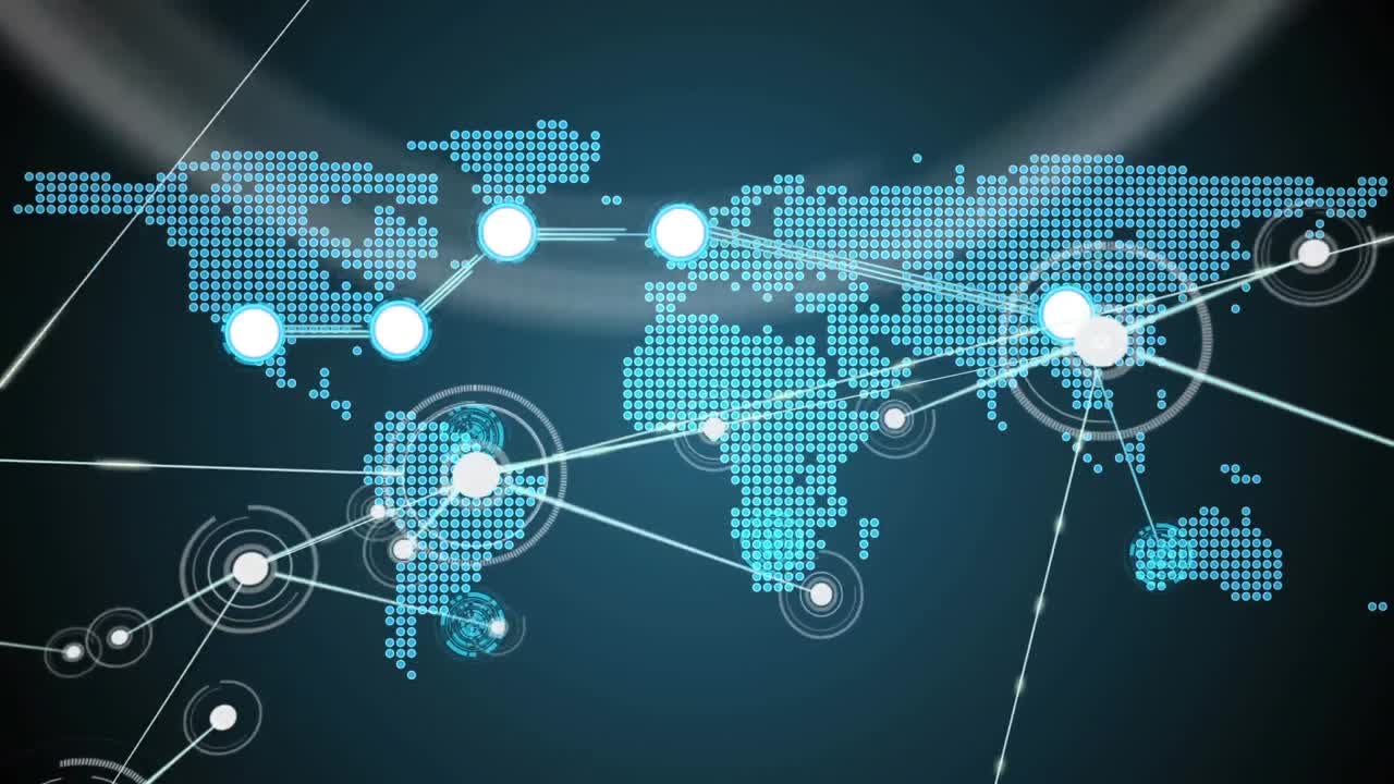 Animation of dots connected with lines over map against abstract background