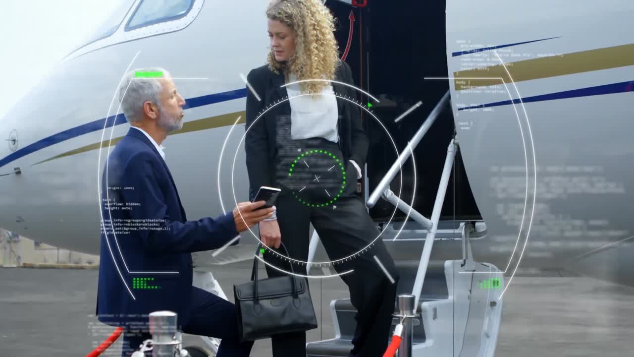 카우카스 사업가들이 비행기를 타고 다니는 데이터 프로세싱 애니메이션