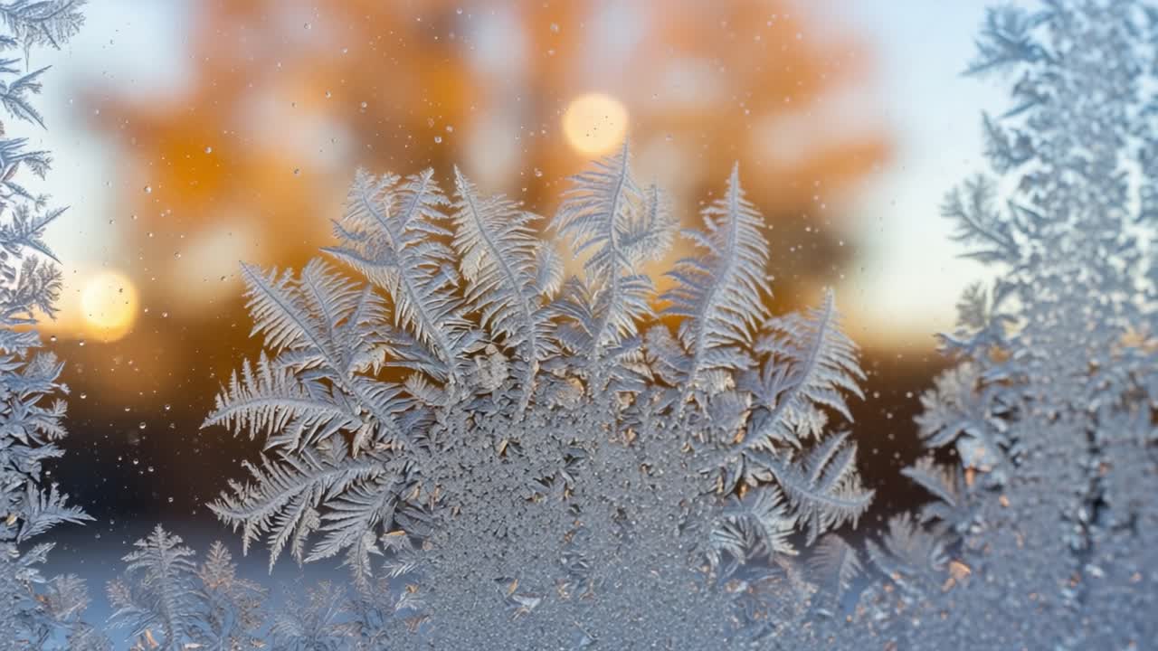 Intricate Frost Patterns on Glass Frame a Beautiful Sunset, Showcasing Nature's Artwork Through a Unique Blend of Ice Crystals and Gorgeous Evening Glow
