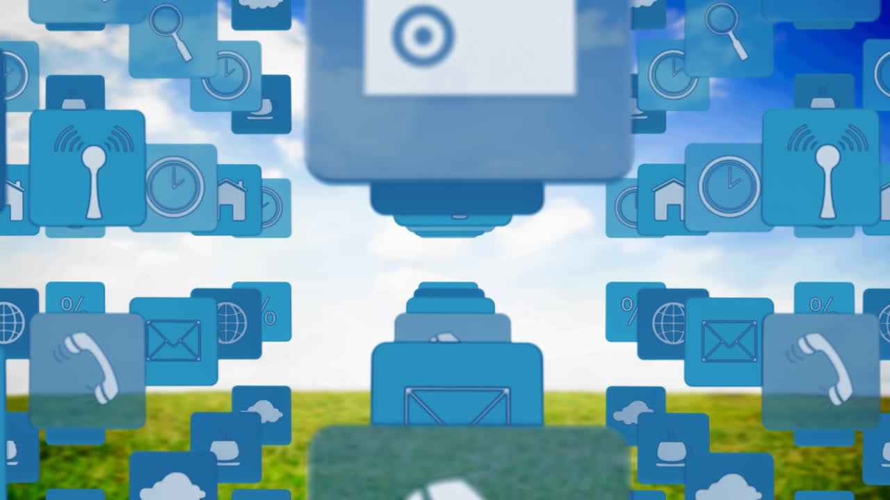 Animation of rows of digital icons floating over landscape